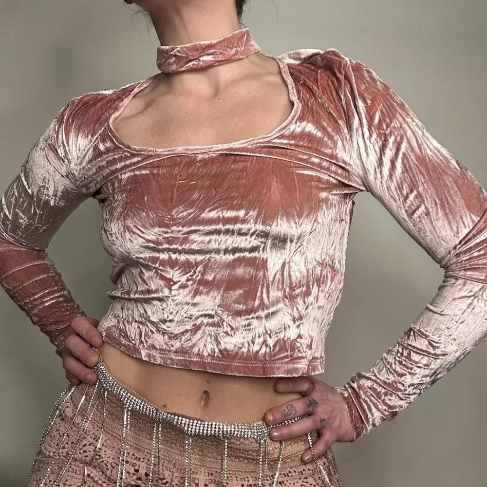 Pink Crushed Velvet Choker Top